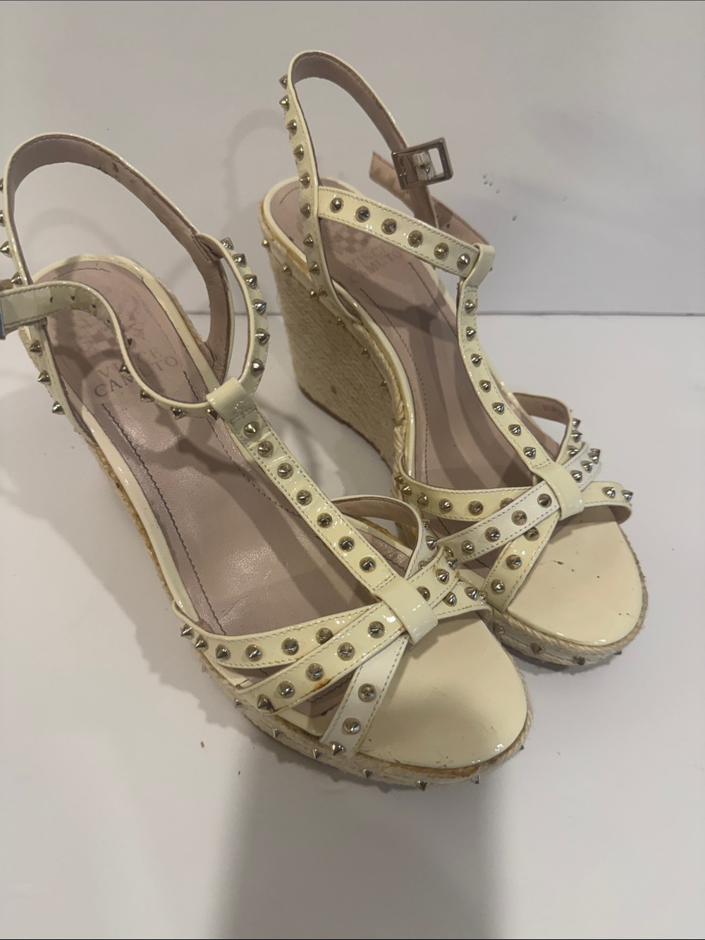 Vince Camuto Studded T-Strap Espadrille Wedges - Cream